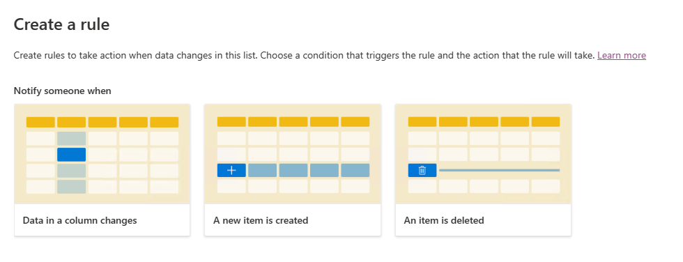 Screenshot of the Create a rule window displaying the options to create a rule for when items are created, updated, or deleted. 