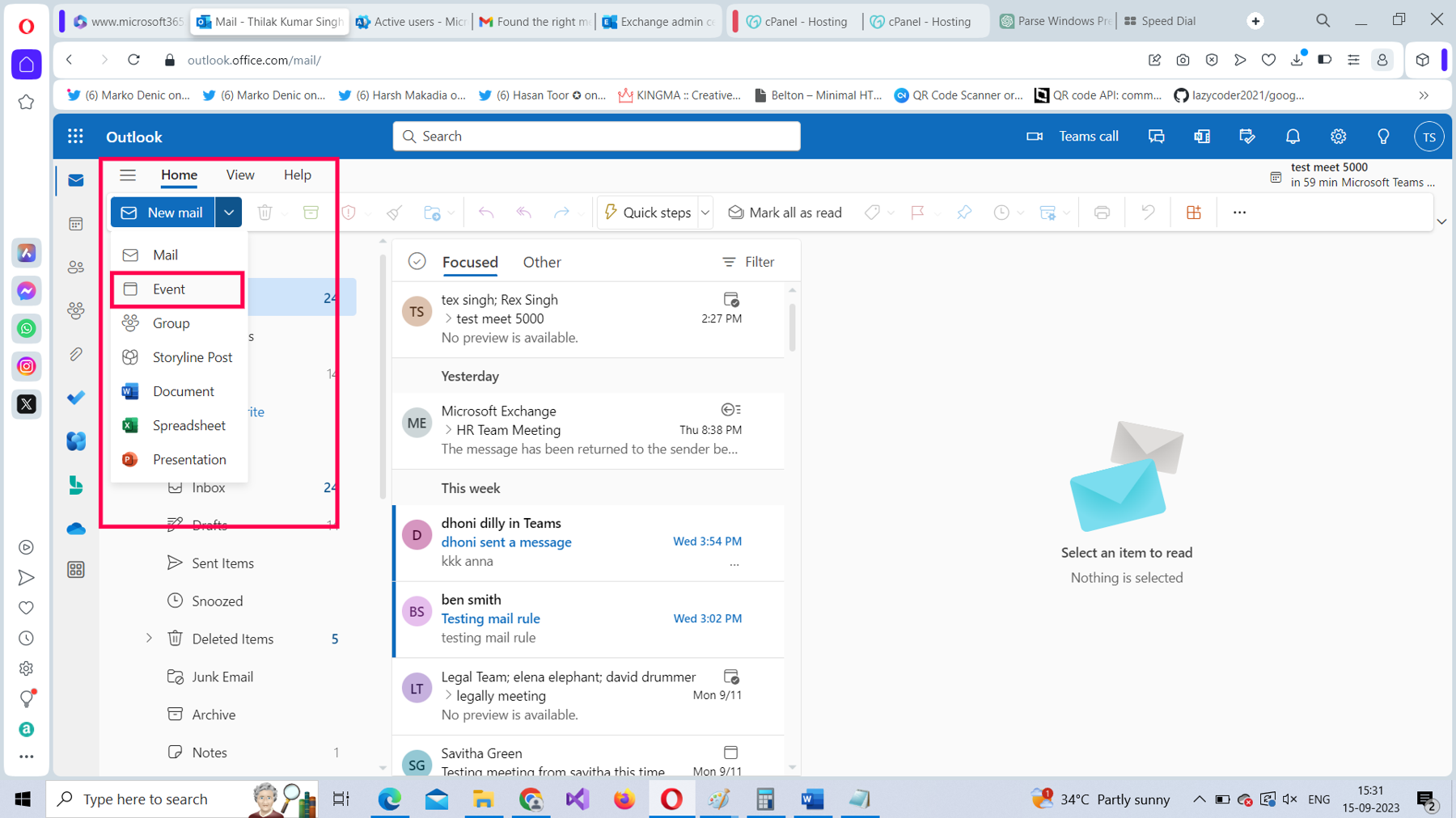 This screenshot shows how you test the configured Microsoft 365 mail flow rule using Outlook on the web. In the left pane, New mail and Event are selected.