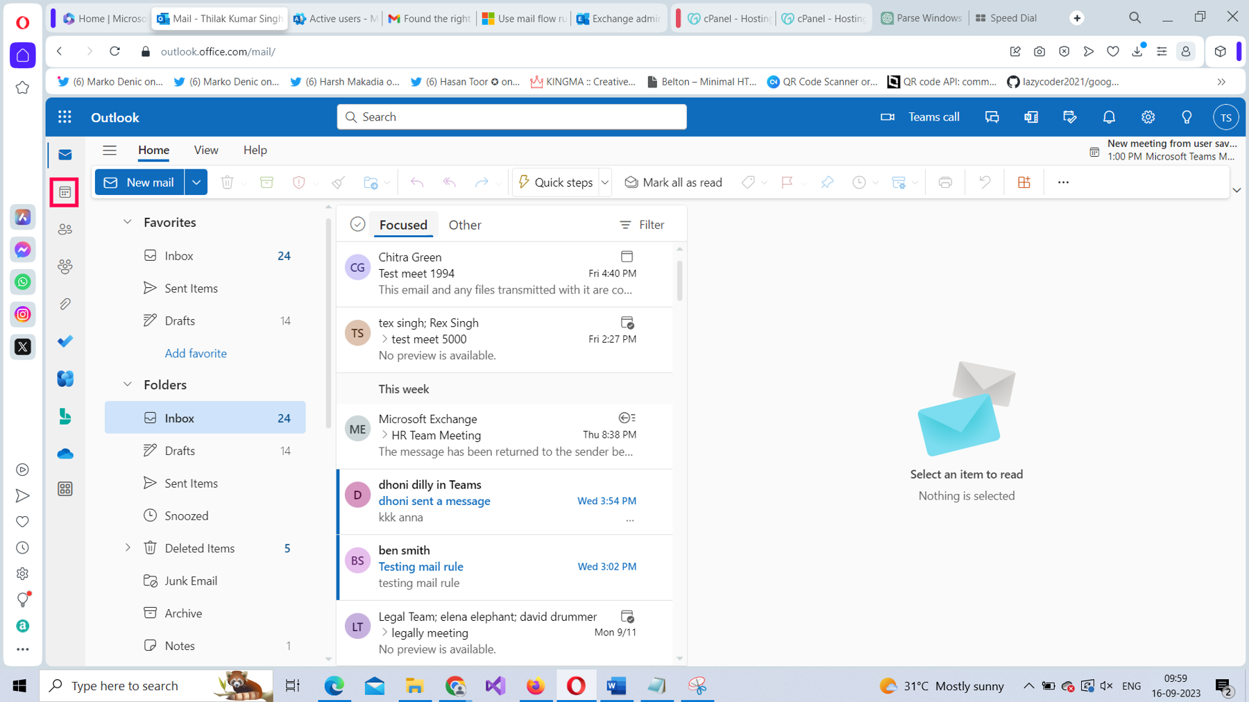 This screenshot shows how you can test the configured Microsoft 365 mail flow rule using Outlook on the web. The calendar tab is selected.