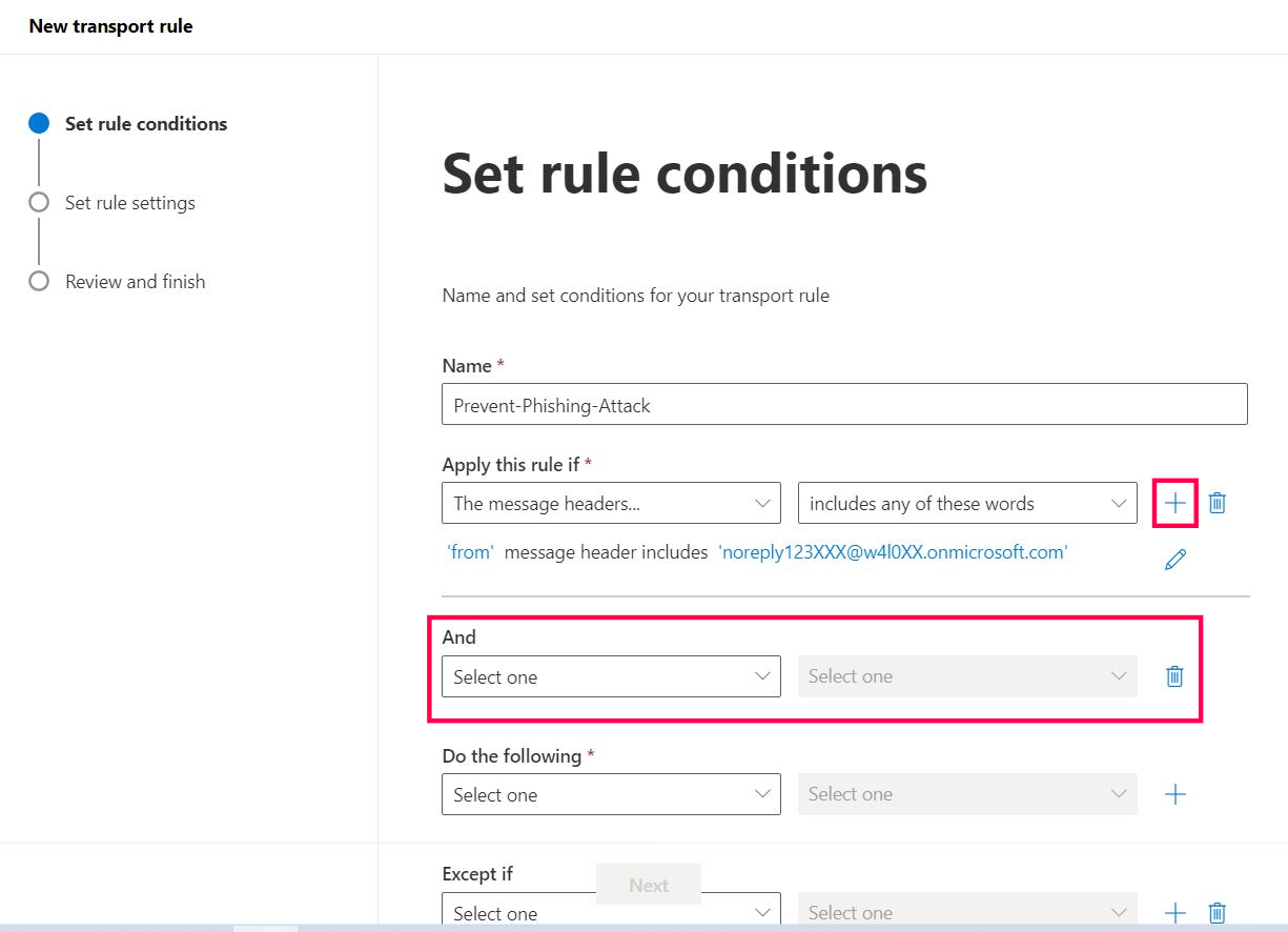 This screenshot shows how you can add another condition to the mail flow rule being configured by using the And operator. 