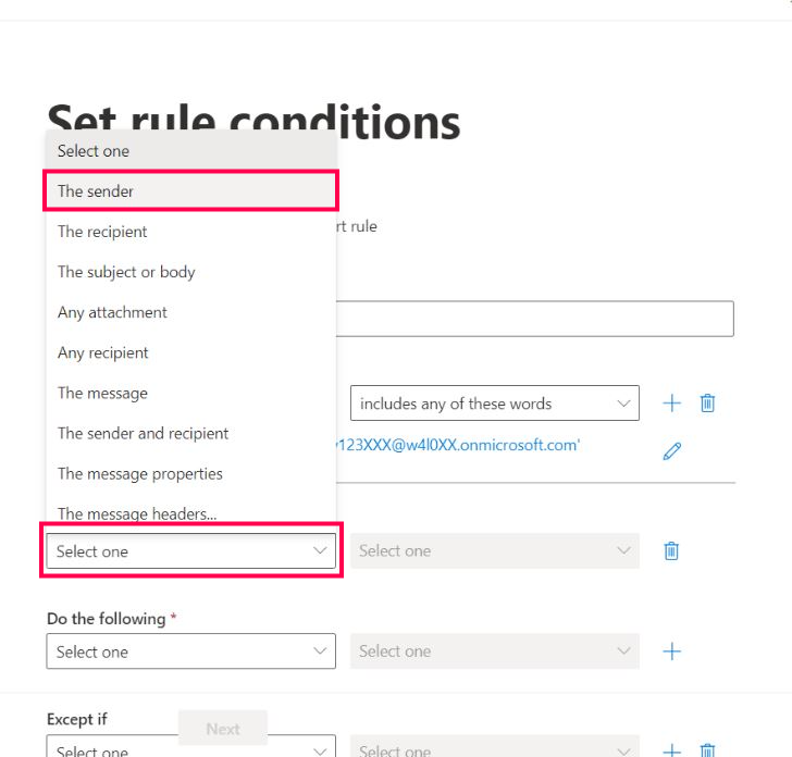 This screenshot shows how you can select or set 'the sender' as one of the conditions for the mail flow rule being configured. 