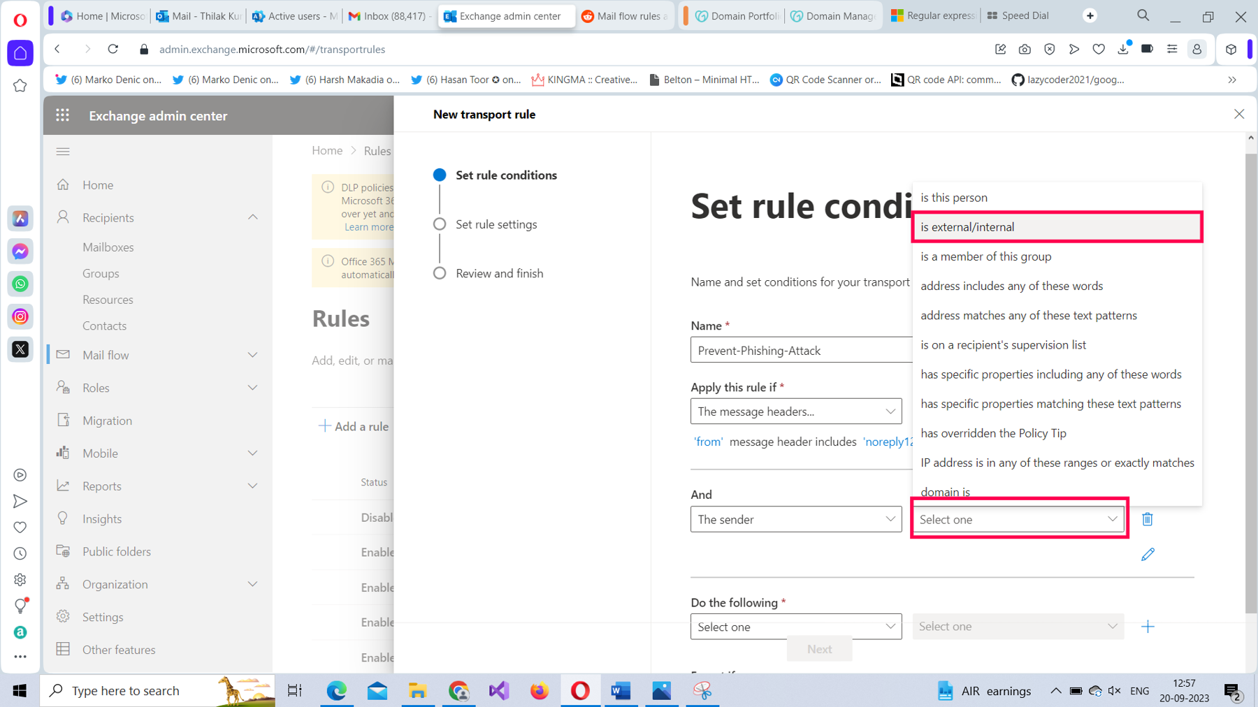 This screenshot shows how you can set 'the sender value' as 'is external or internal' as one of the conditions for the mail flow rule being configured. 