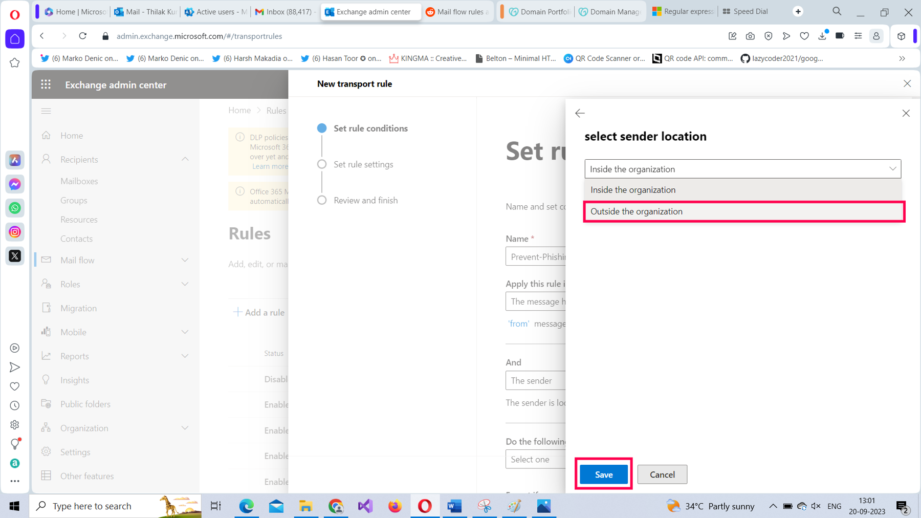 This screenshot shows how you can set the sender value as 'outside the organization' as one of the conditions for the mail flow rule being configured. 