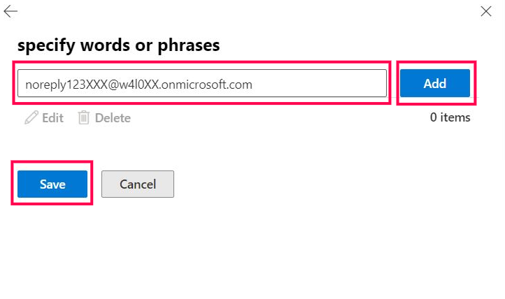 This screenshot shows how you can specify the words or phrases the mail flow rule should to look out for and save it. 