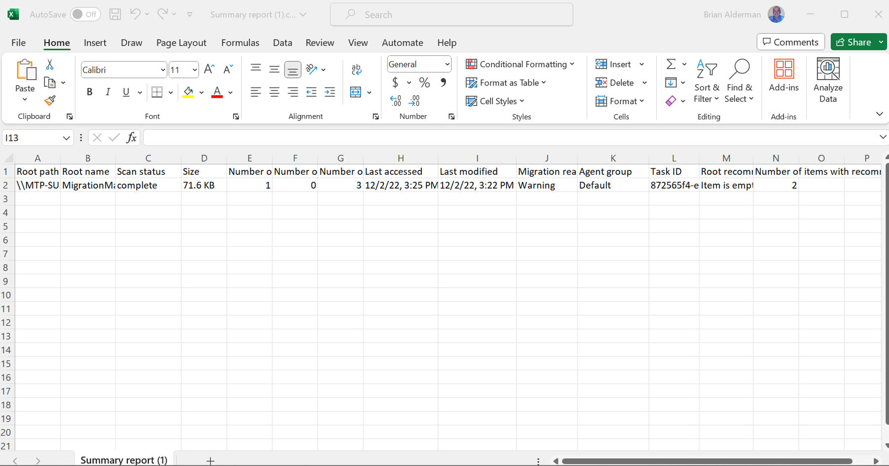 A screenshot containing the information found in the summary report after clicking on the Download summary report option located on the bottom of the Scans page in Migration Manager. The columns in the report include: Root path, Root name, Scan status, Size, some date columns, and some recommendations.