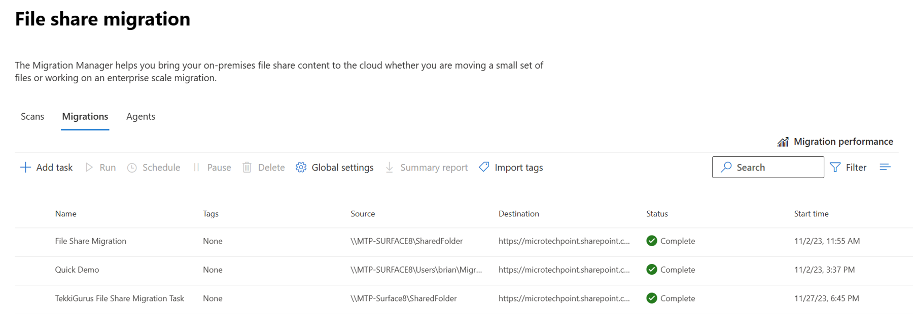 Image of the File share migrations screen displaying the job name, source, destination, status and start time that you created to migrate from a local file share to SharePoint Online has completed successfully.