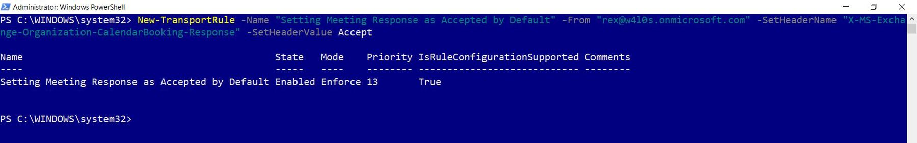 This screenshot shows how you can configure a Microsoft 365 mail flow rule using PowerShell.