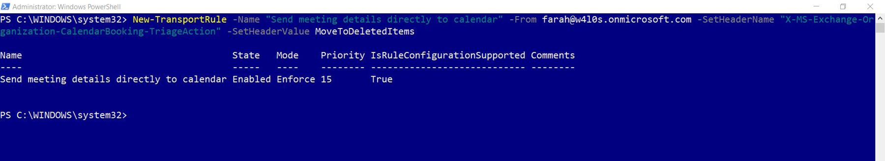 This screenshot shows how you can create a Microsoft 365 mail flow rule can be created using PowerShell.