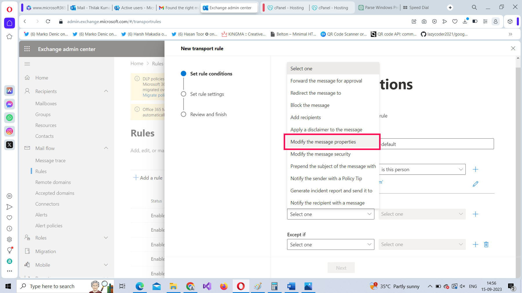 This screenshot shows how you can configure the Microsoft 365 mail flow rule message header.