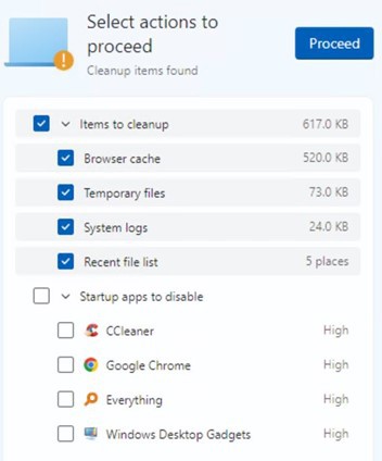 This screenshot shows a health scan, which finds cache items, temp files, system logs and recent file lists to clean up. There is a Proceed button to clean up the items that were found. It also flags four apps for possible startup disablement: Cleaner, Chrome, Everything, and Gadgets.