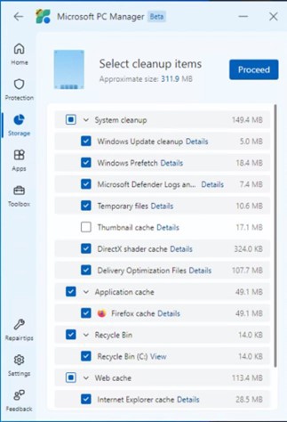 This screenshot has text at the top that says “Select cleanup items,” which provides controls over individual and category-based cleanups. Categories shown here include system cleanup, application cache, recycle bin, and web cache.