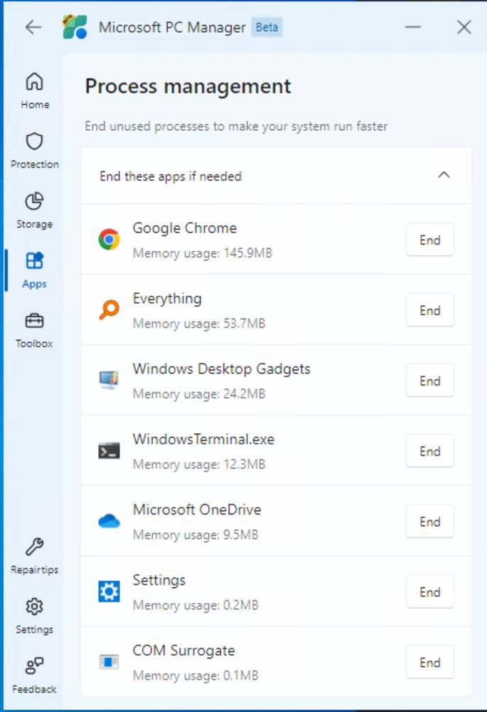 Process management lists active processes such as Google Chrome, WindowsTerminal.exe, etc. The “End” button enables individual termination.