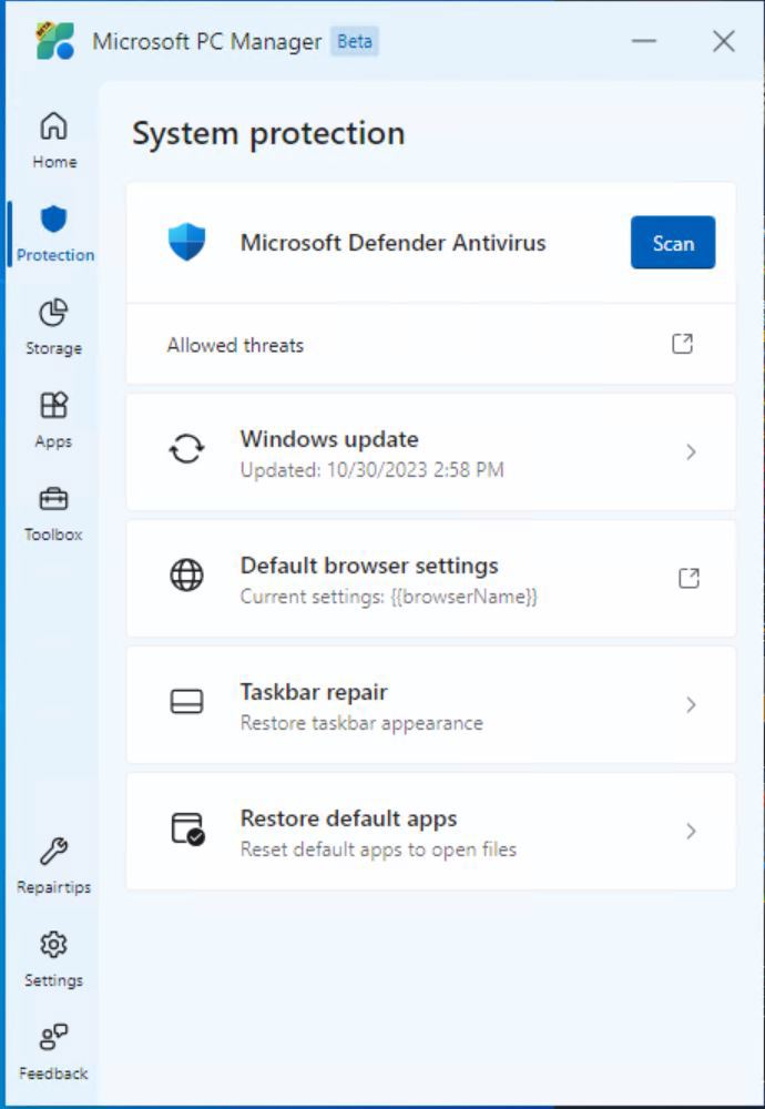 This screenshot shows the System protection page. System protection provides access to numerous security controls, updates and settings. At the top, it shows Microsoft Defender Antivirus and a Scan button next to it. It alsows shows allowed threats such as Windows update, default browser settings, taskbar repair, and the ability to restore detault apps. 
