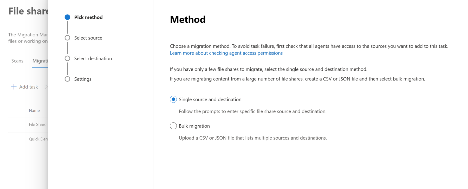 This screenshot shows an option to choose either a single source and destination migration or to specify a CSV file or JSON file that contains multiple sources and destinations.