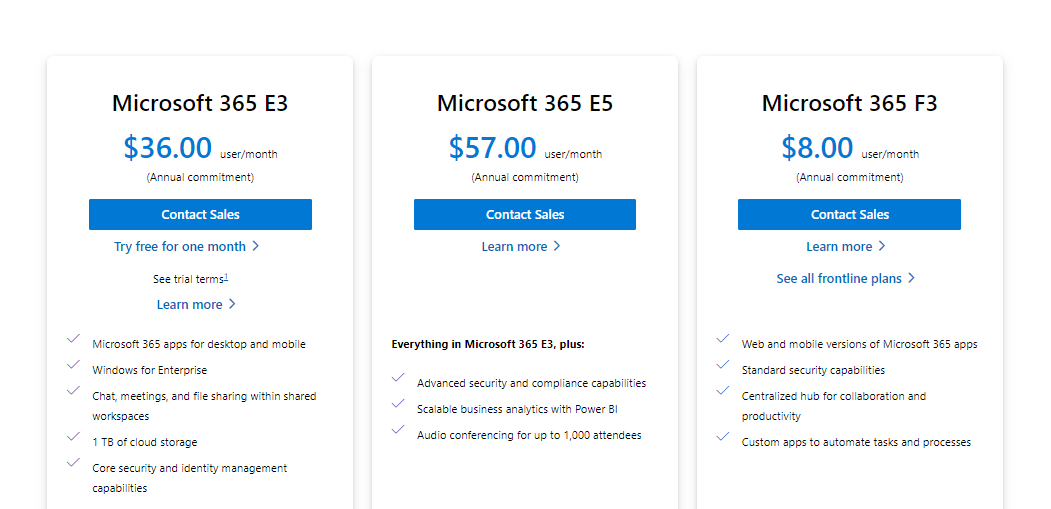 This image shows all the available Microsoft 365 Enterprise plans such as Microsoft 365 E3, Microsoft 365 E5, and Microsoft 365 F3.