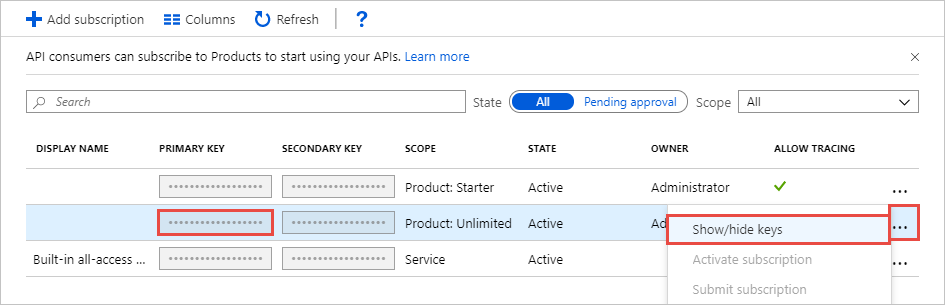 Screen capture displaying a list of subscriptions in Azure API Management.