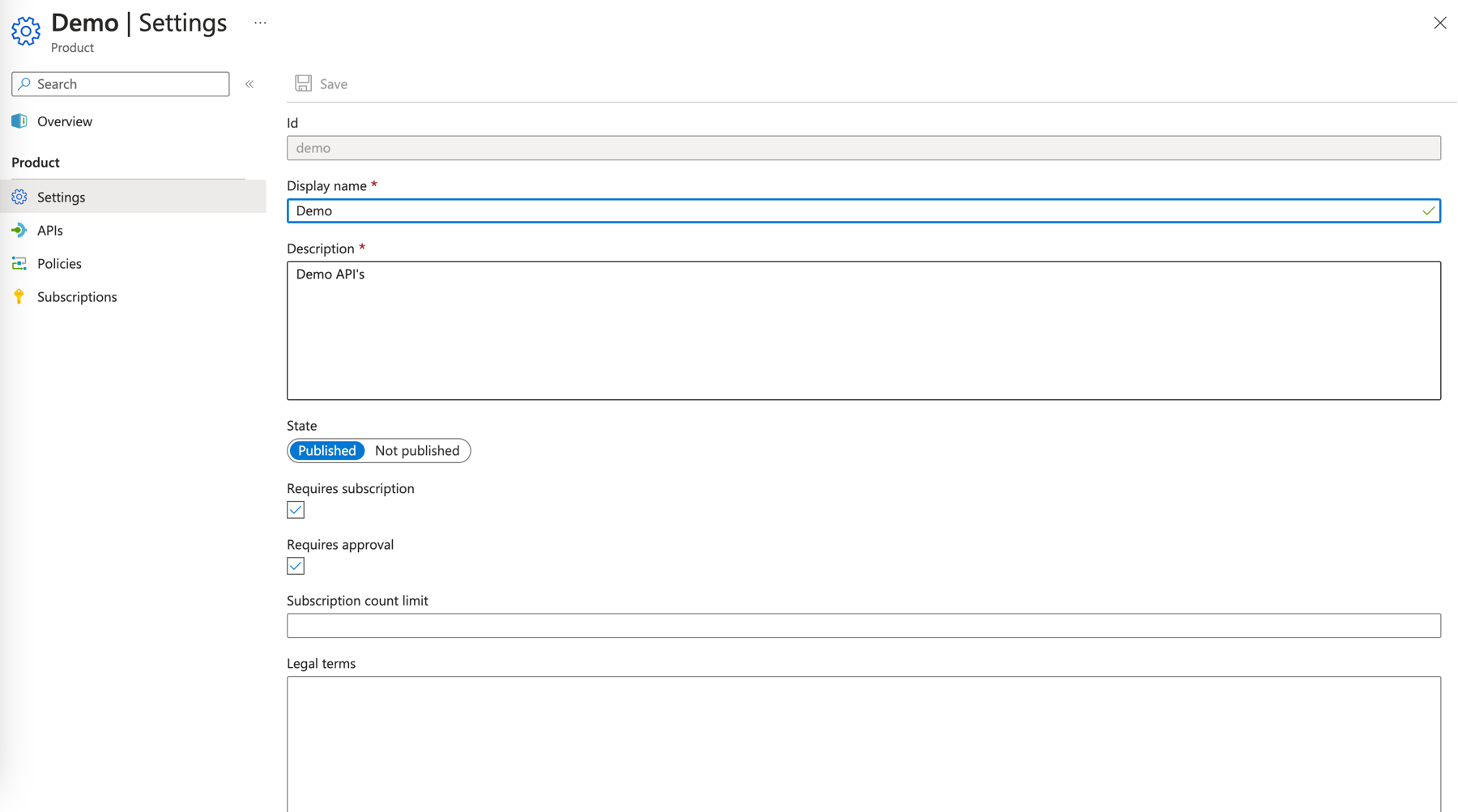 Screen capture displaying a product configuration in Azure API Management.