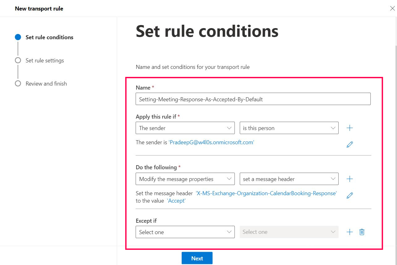 This screenshot shows the Microsoft 365 mail flow rule settings for creating a mail flow rule that automatically sets Outlook meeting related responses as 'accepted'.