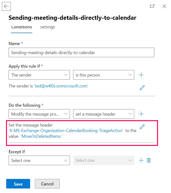 This screenshot shows a Microsoft 365 mail flow rule with configured message headers.