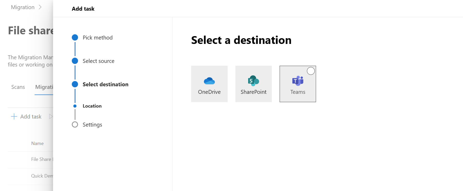 The Select a destination screen displays the options OneDrive, SharePoint, and Teams. Pick where you want to migrate the source files to in Microsoft 365.