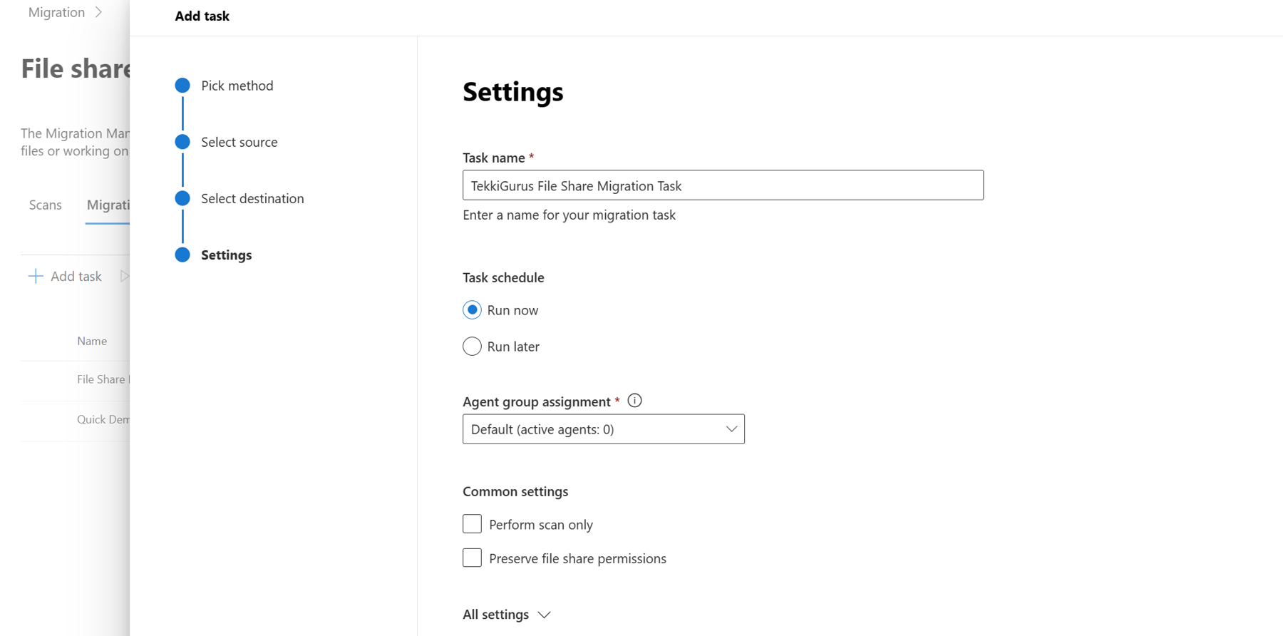 On the Settings screen indicate the task name, when to run the task (now or later), which agent group to add the task to, and you can set checkboxes to indicate whether to perform the scan only or perform the migration (not checked), and whether to preserve file permissions after the migration has completed.