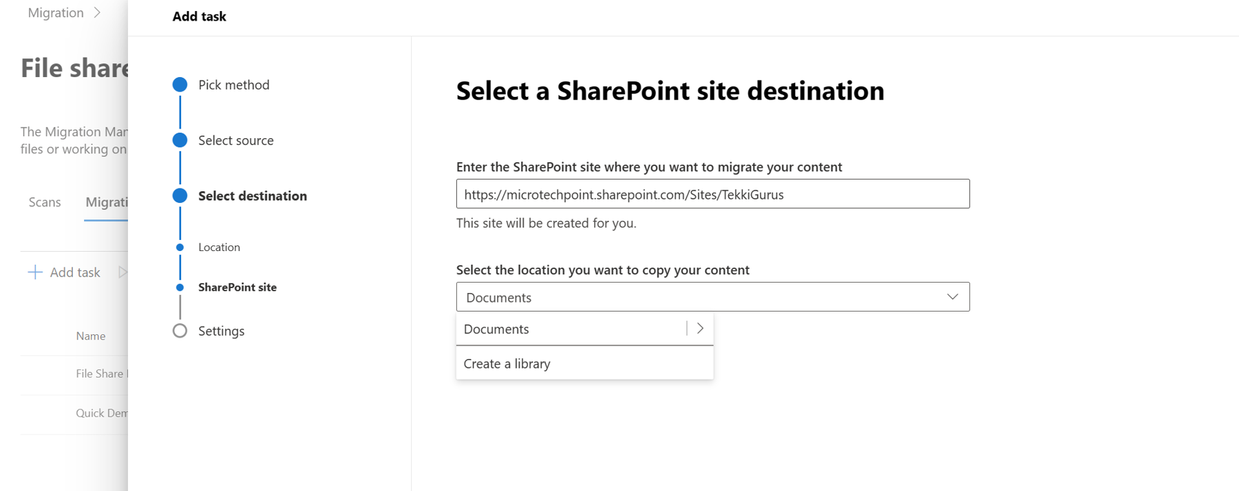 The Select a SharePoint site destination screen asks you to specify which SharePoint site you want files to be migrated to. If the site doesn’t exist, it will create it for you. By default, it copies it to a library called Documents, but you can choose to create a new library and specify a name for that library.