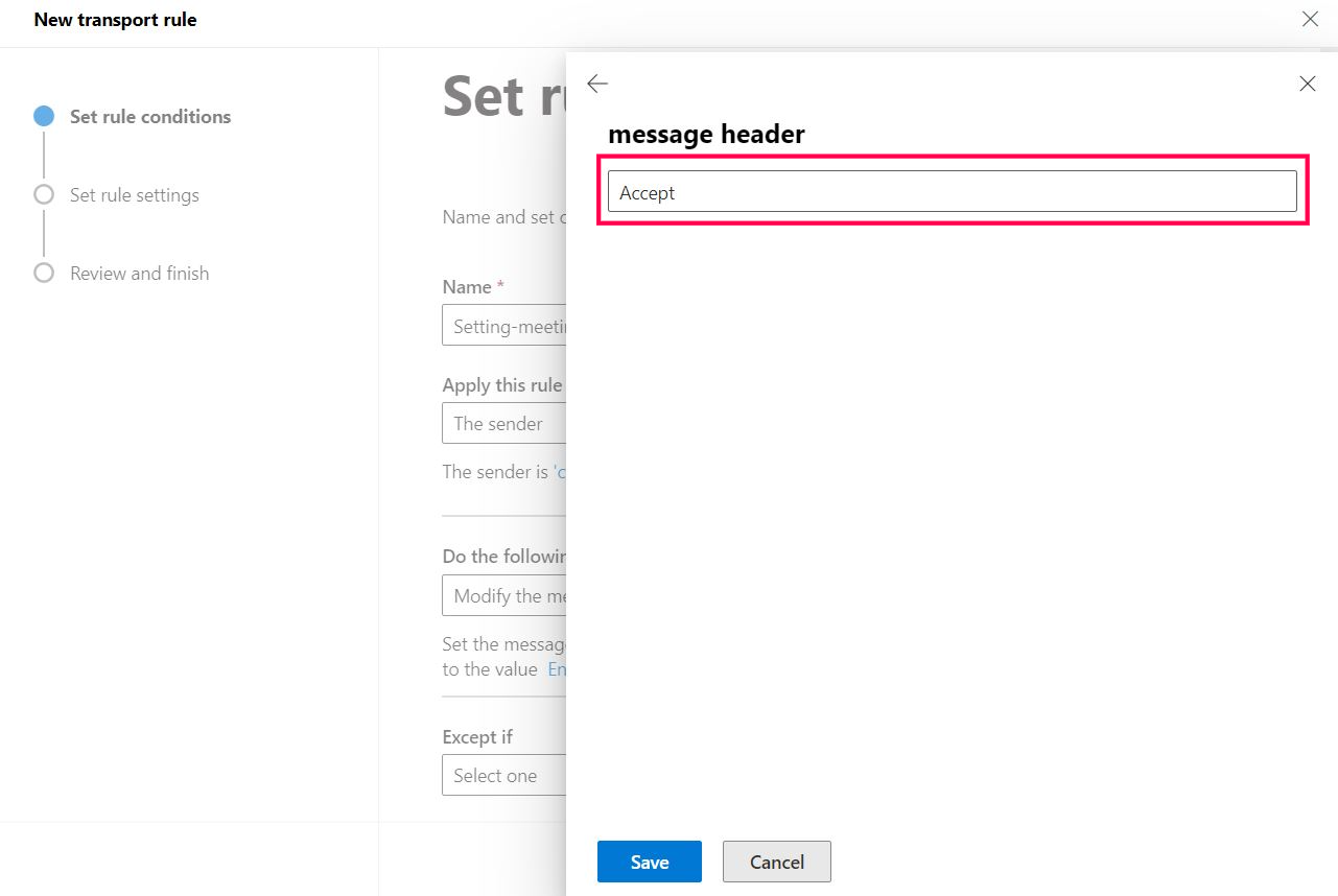 This screenshot shows how you can enter the Microsoft 365 mail flow rule message header value. It shows a message header with a value of Accept.