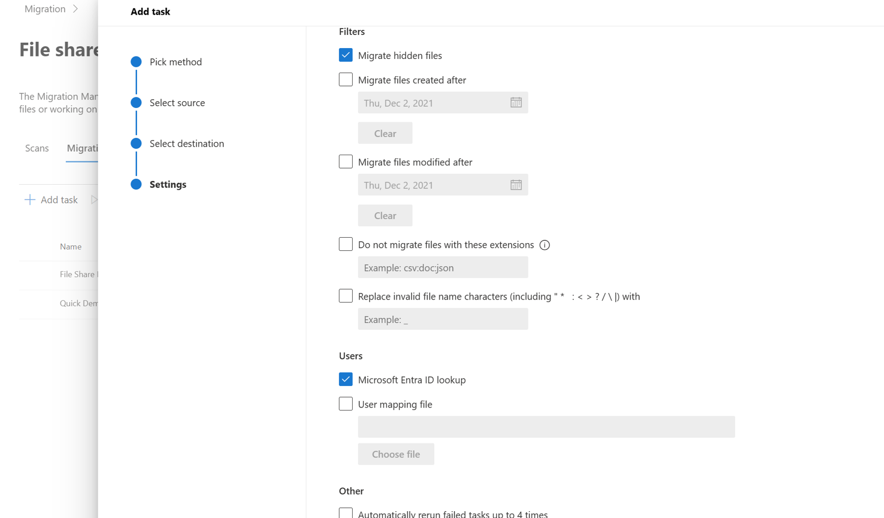 The All settings checkboxes shown in this screenshot let you specify whether to migrate hidden files, files after a specific created date, files after a specific modified date, file types not to migrate, and how to replace invalid characters in file names being migrated. In addition, it provides an option for user lookup using Entra ID, or a User mapping file. You can also specify whether you want the task to rerun if it fails up to 4 times.