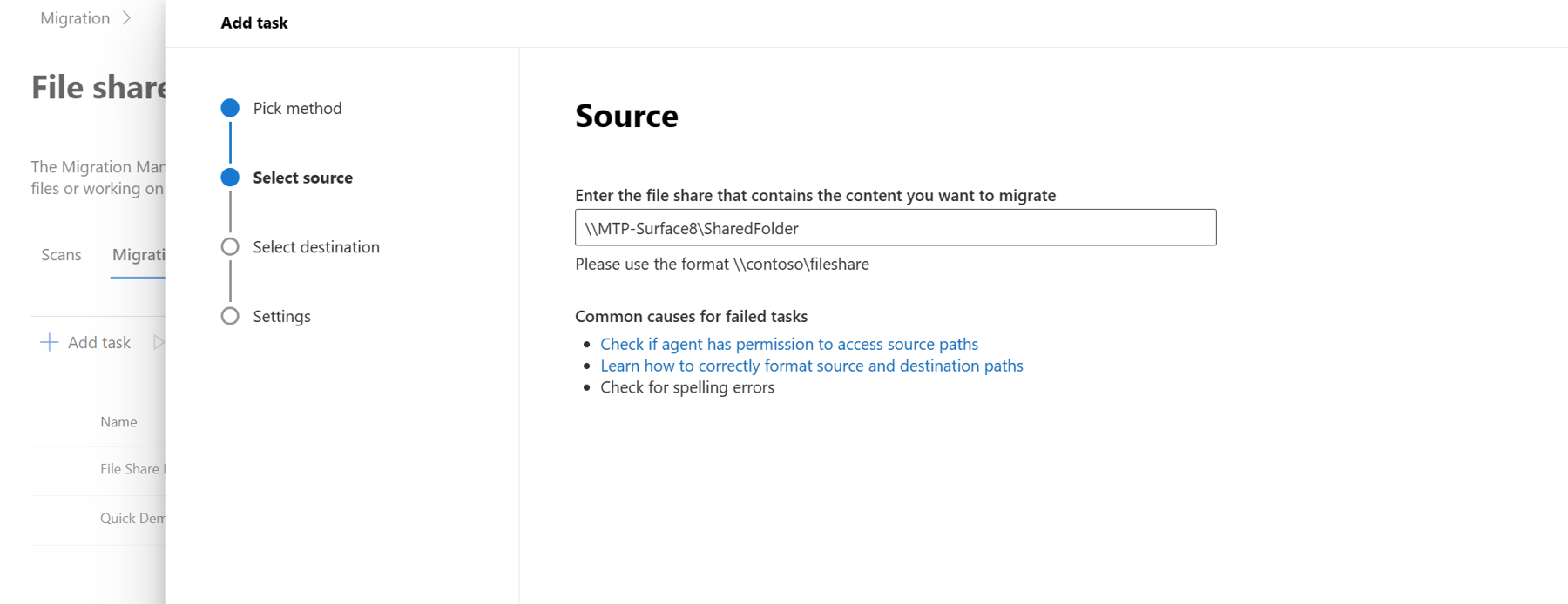 On this Source screen you type in the source file share path name that contains the files to be migrated to Microsoft 365.