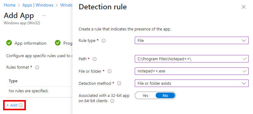 In this screenshot, there are instructions to create a rule that indicates the presence of the app. It shows the detection rule for a Win32 application that checks for the existence of an EXE file. The rule type is File. 