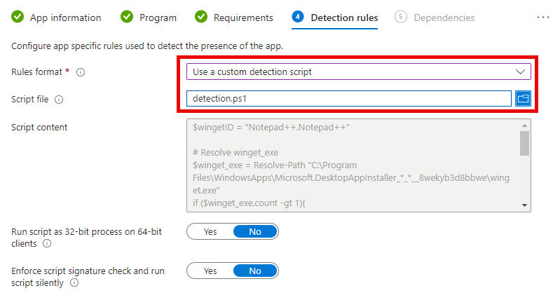 This screenshot shows the detection rule for a Win32 application with a custom detection script.