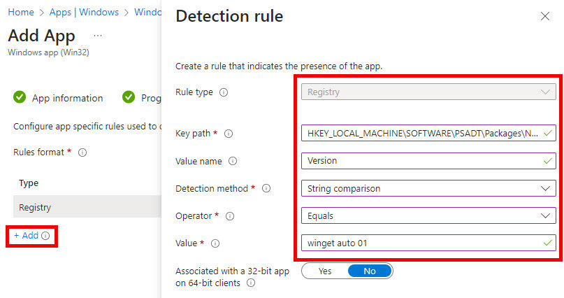 This screenshot shows the detection rule for a Win32 application with a registry key string comparison.