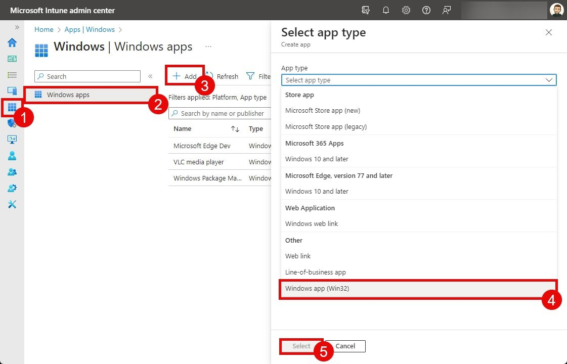 This screenshot shows how to add a Win32 application to Intune. Windows apps, the Add option, and Windows app (Win32) are highlighted.