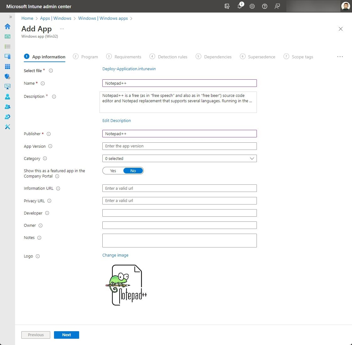 This screenshot shows the application information in Intune. It includes the name, which is Notepad++, a description, and a logo of it.