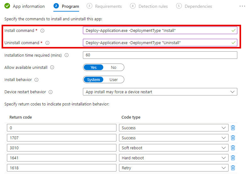 This screenshot shows the Program tab and information in Intune. The instructions says: Specify the commands to install and uninstall this app. The Install command field and the Uninstall command fields are highlighted and contain the commands to install and uninstall this app.