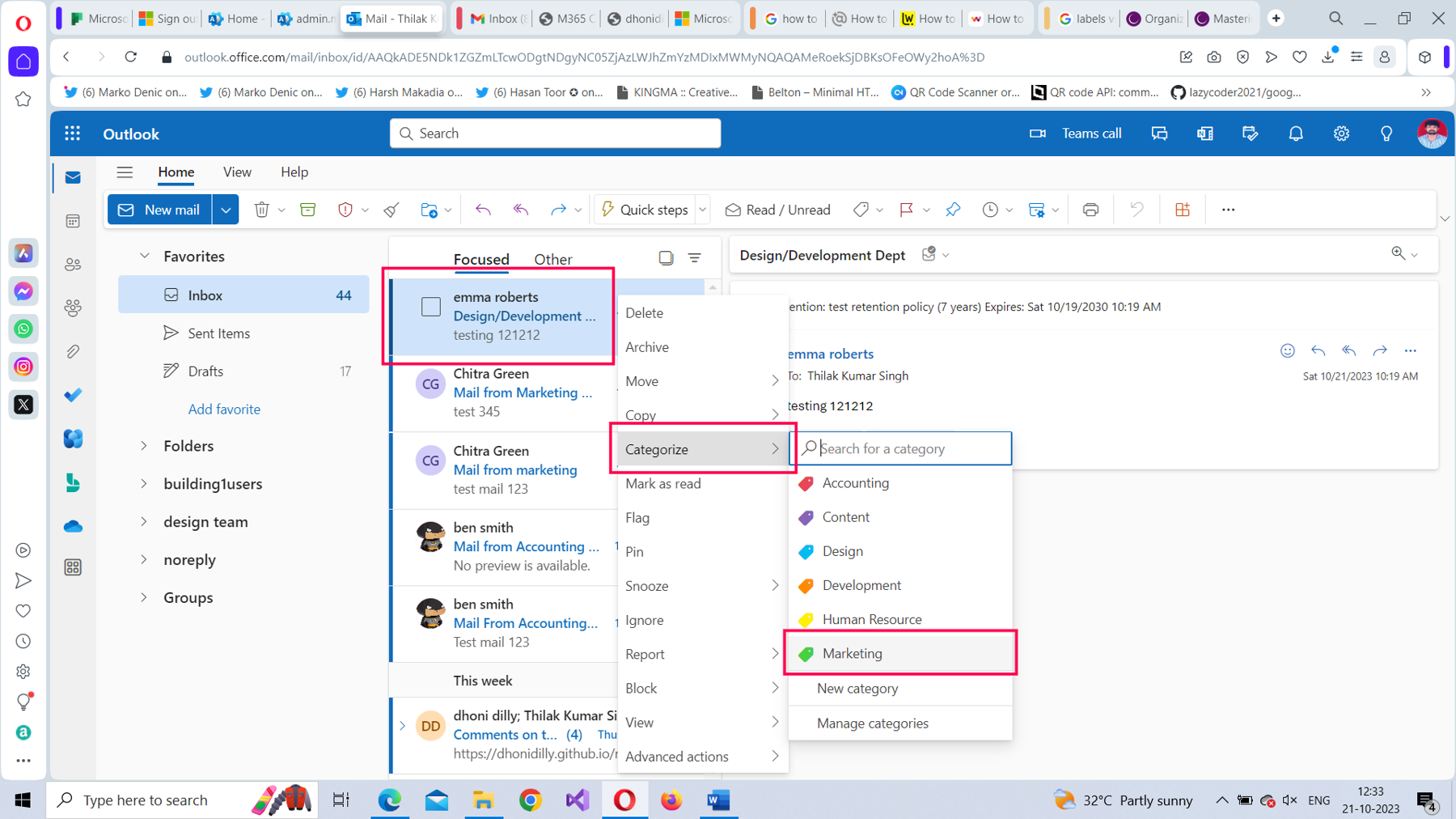 This screenshot shows how you can add a mail to a category in Microsoft 365 Outlook on the web by right-clicking the email.