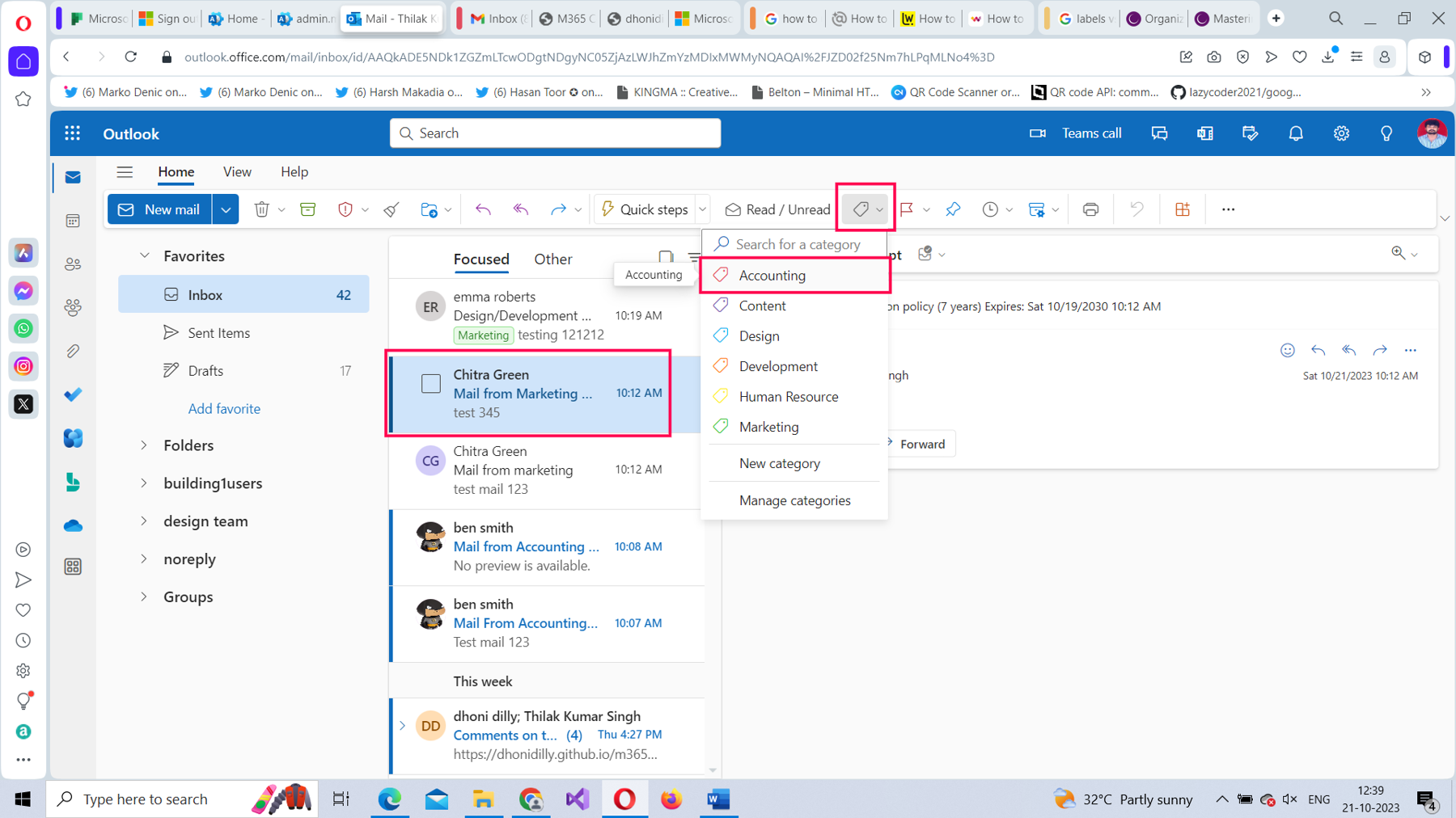 This screenshot shows how you can add an email to a category in Microsoft 365 Outlook on the web by selecting the category dropdown. 
