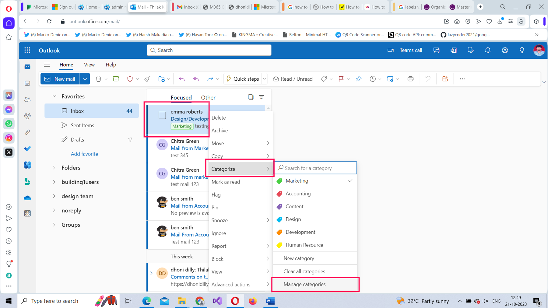 This screenshot shows how you can access the manage categories option by right-clicking on the email in Microsoft 365 Outlook on the web.