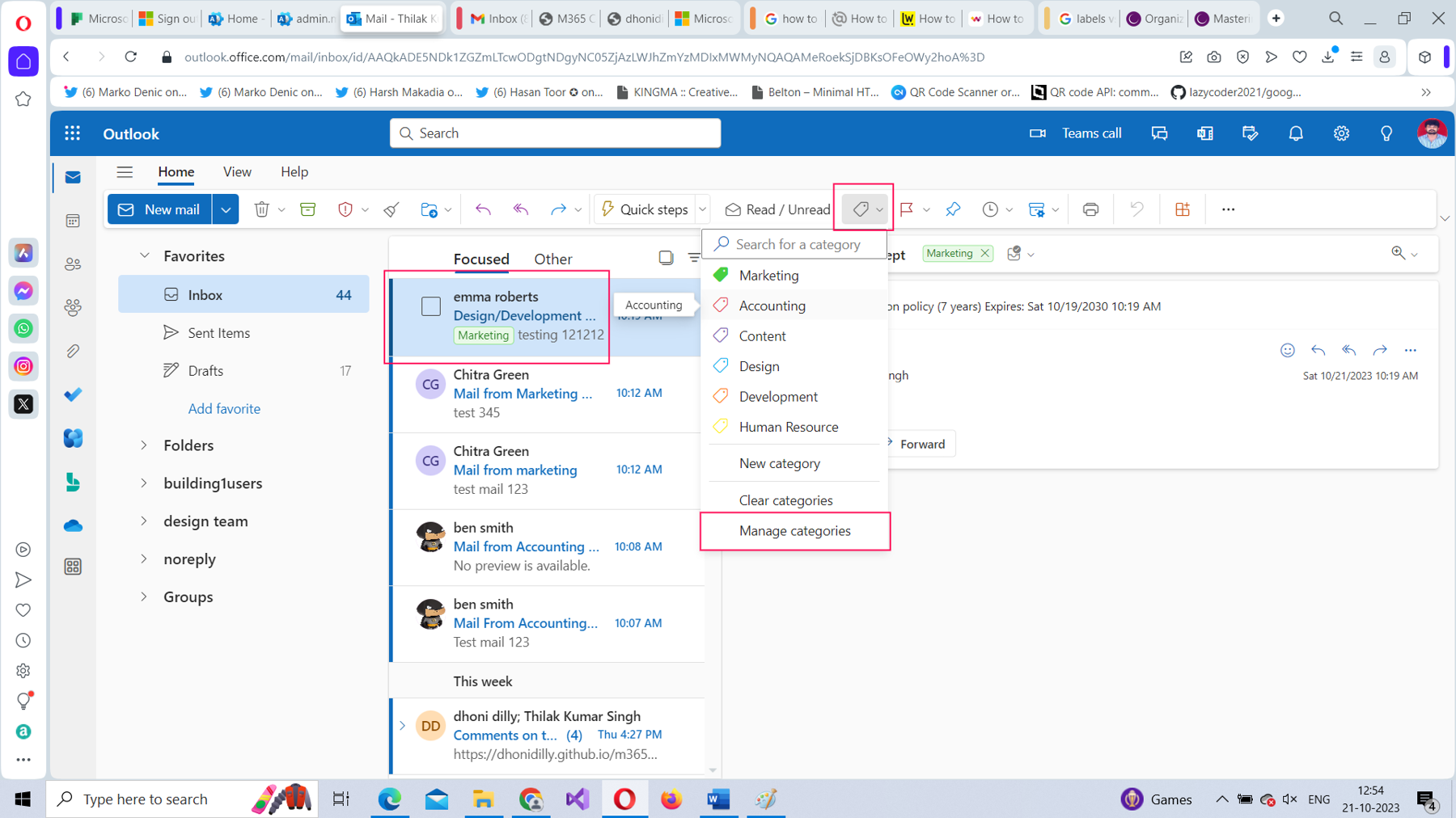 This screenshot shows how you can access the manage categories option by selecting the icon in Microsoft 365 Outlook on the web.