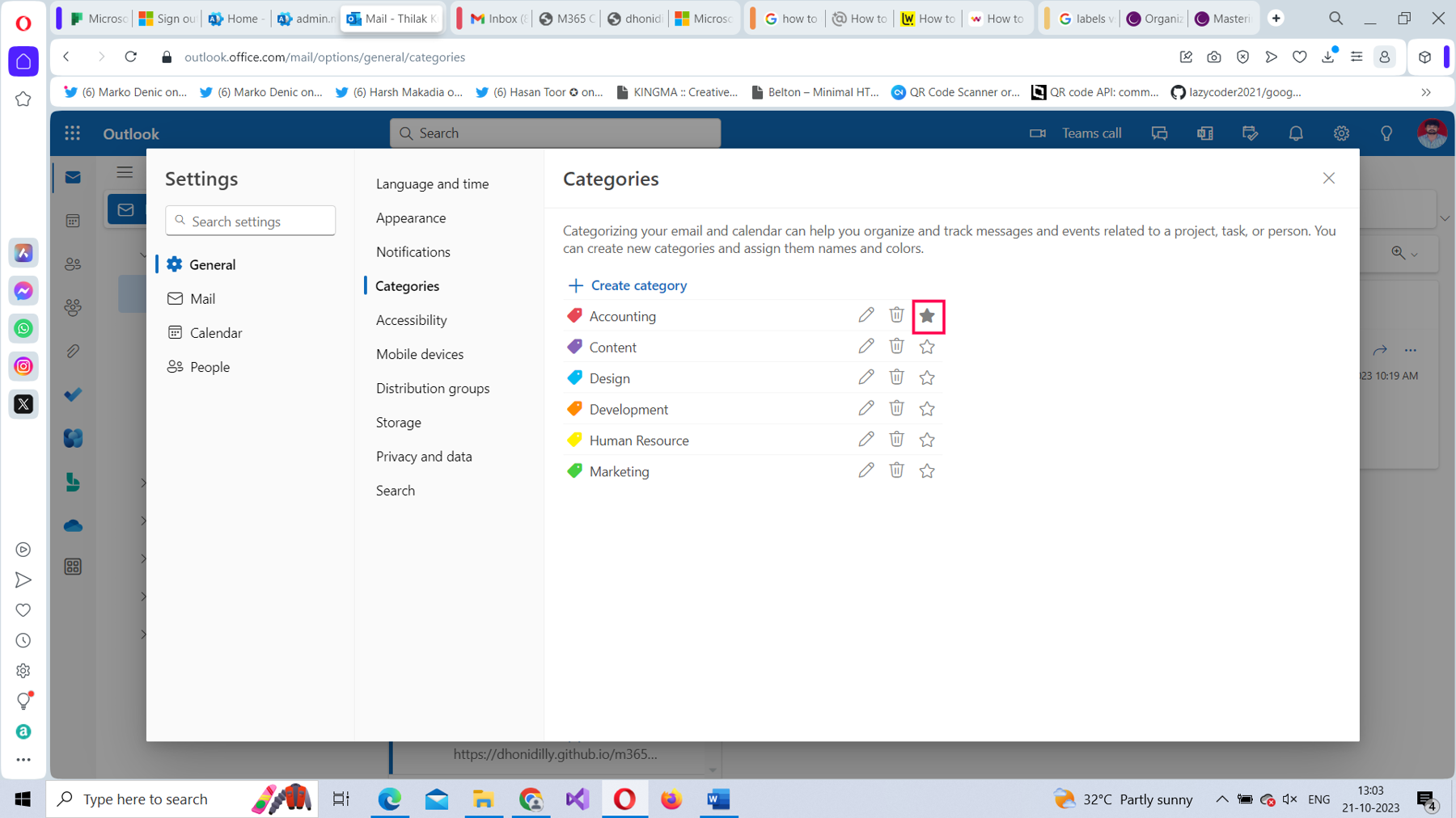 This screenshot shows how you can add a category to your favorites list in Microsoft 365 Outlook on the web. 