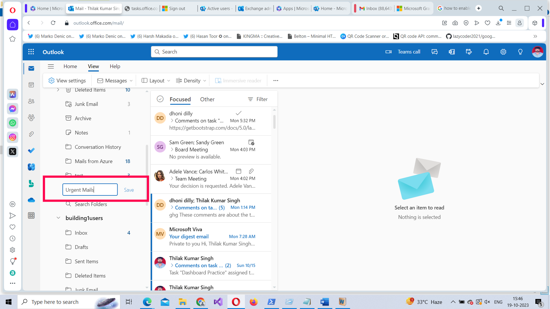 This screenshot explains how you can name and add the new folder in Microsoft 365 Outlook on the web. 
