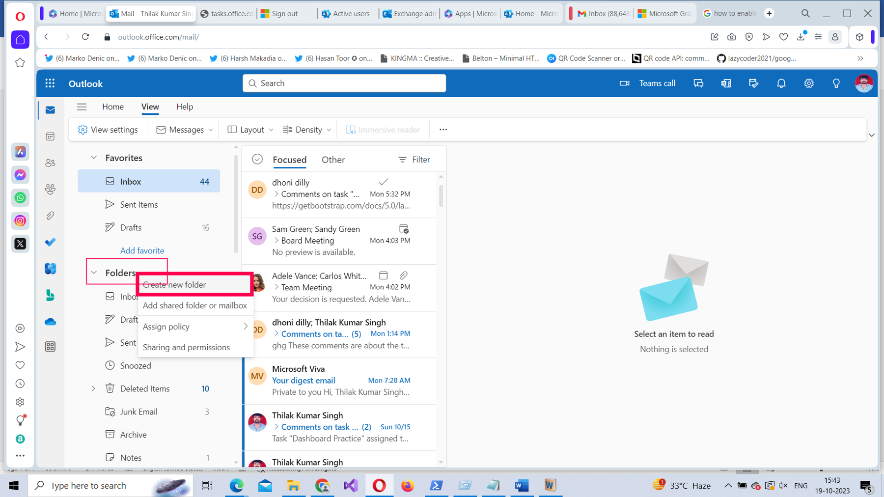 This screenshot explains how you create a new folder by right-clicking the folders option in the Microsoft 365 Outlook web app.
