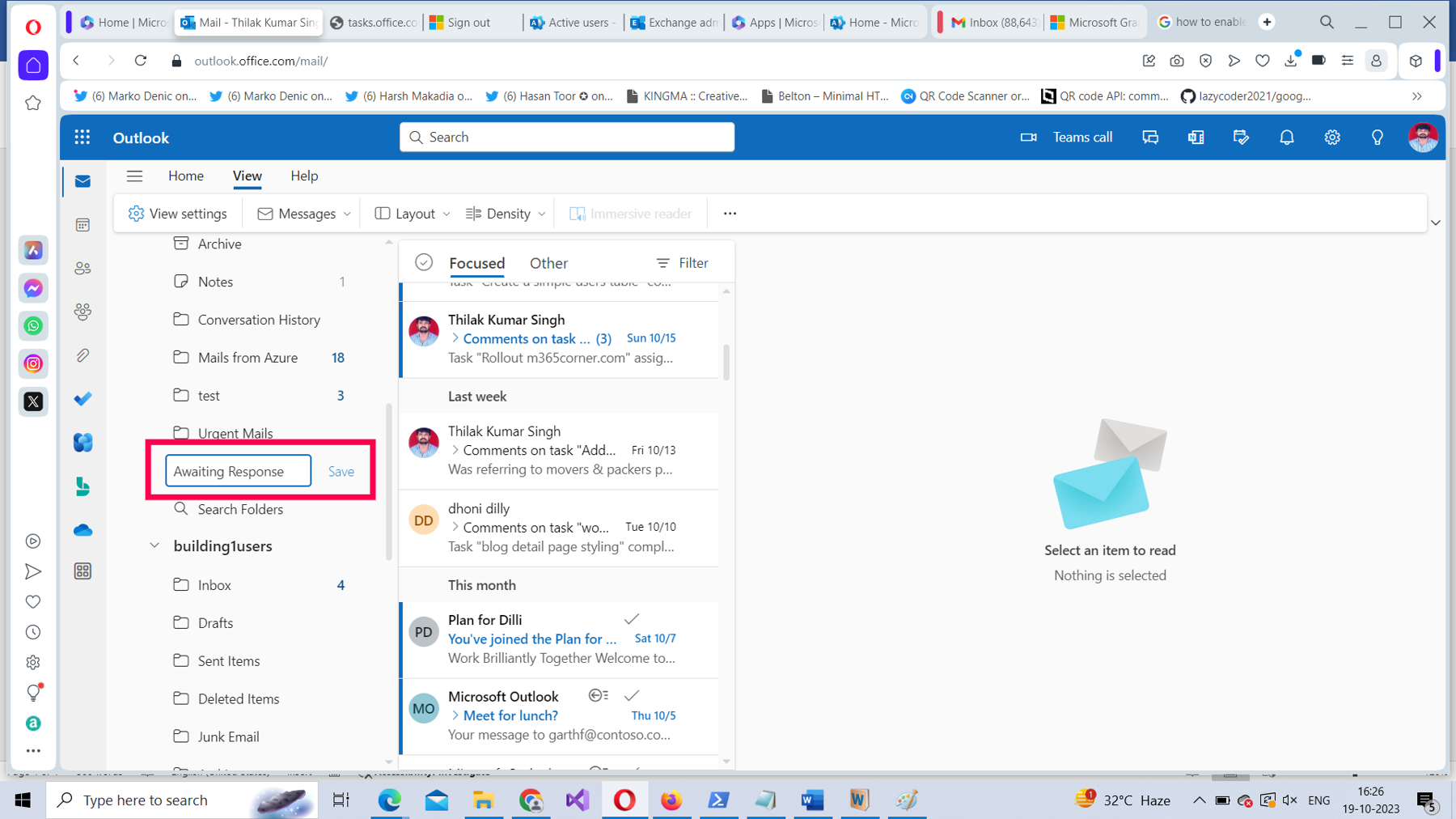 This screenshot shows how you can add the new folder in Microsoft 365 Outlook on the web.