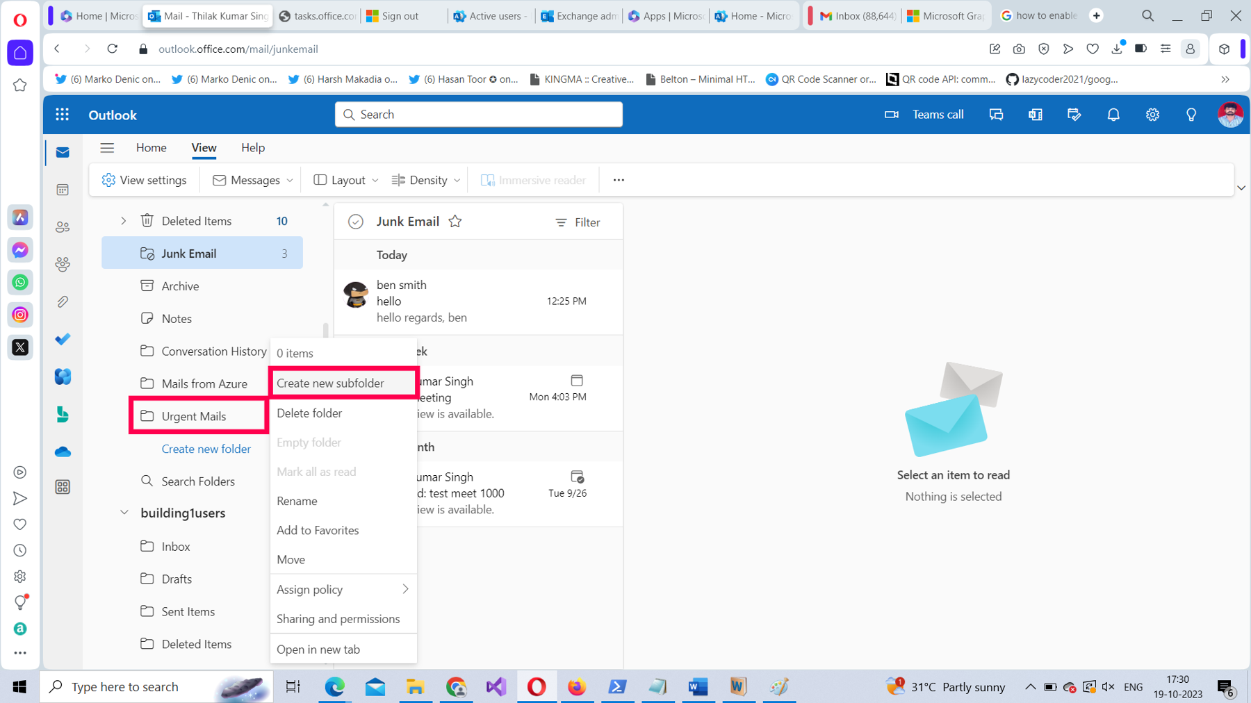 This screenshot shows how you can create sub-folders in Microsoft 365 Outlook on the web.