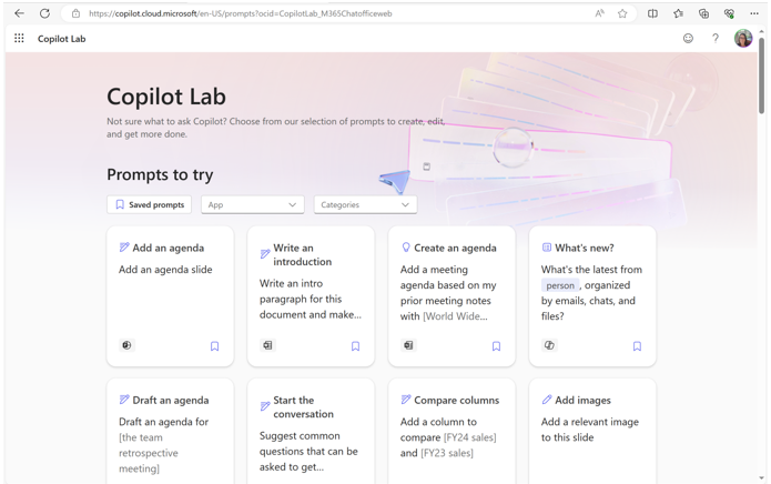 A screenshot of Copilot lab. It has a series of prompts including “Add an agenda,” “Write an introduction,” “Compare columns,” “Add images,” and more. When selecting a prompt you get more information about the prompt.