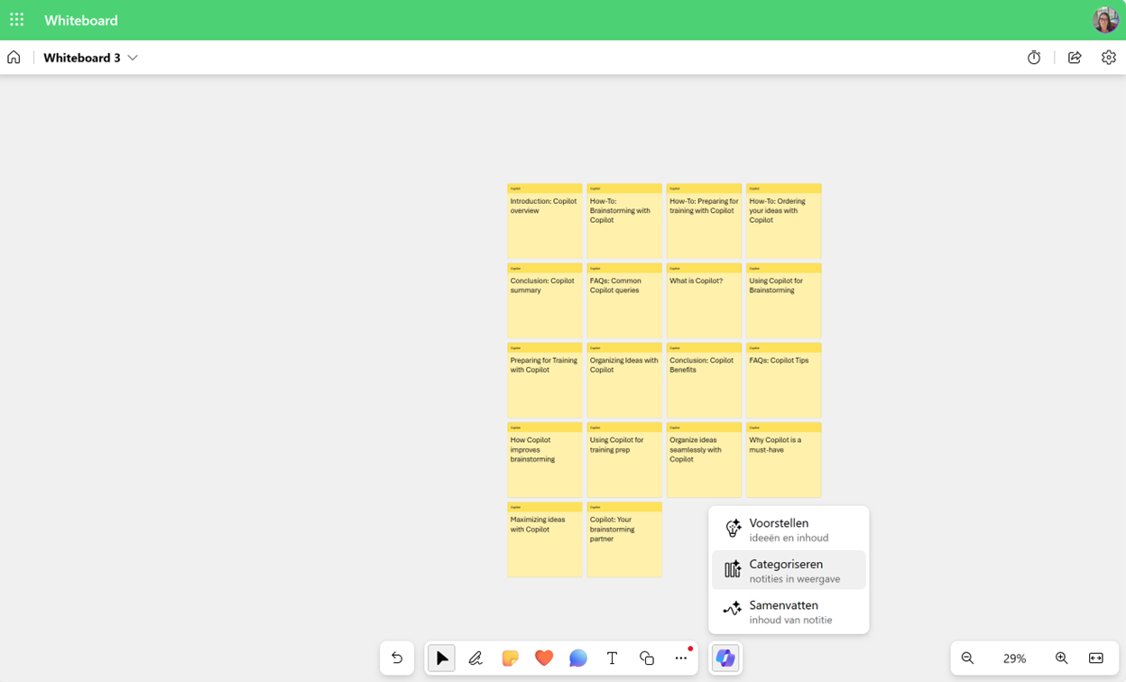 This screenshot shows 18 yellow posts in Whiteboard with Copilot. At the end of the toolbar in the bottom center, the Copilot button is selected, and you can choose to Categorize the notes.
