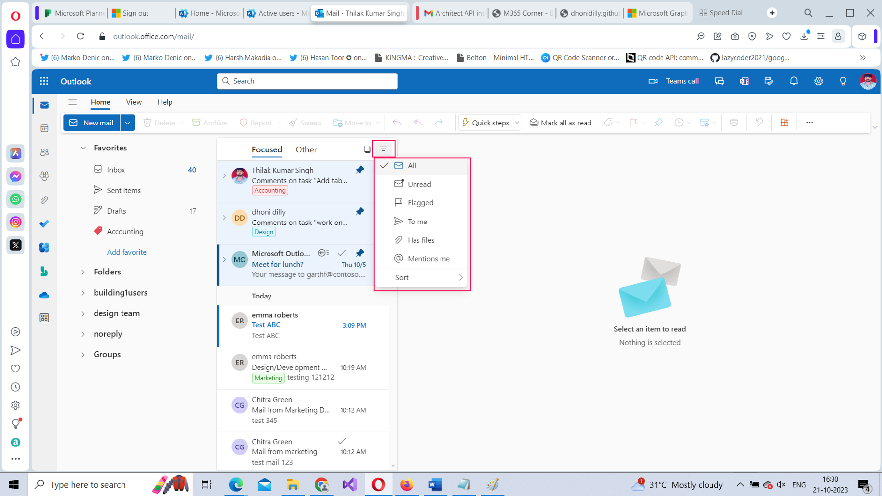 This screenshot shows the filter options available in Microsoft 365 outlook on the web. 