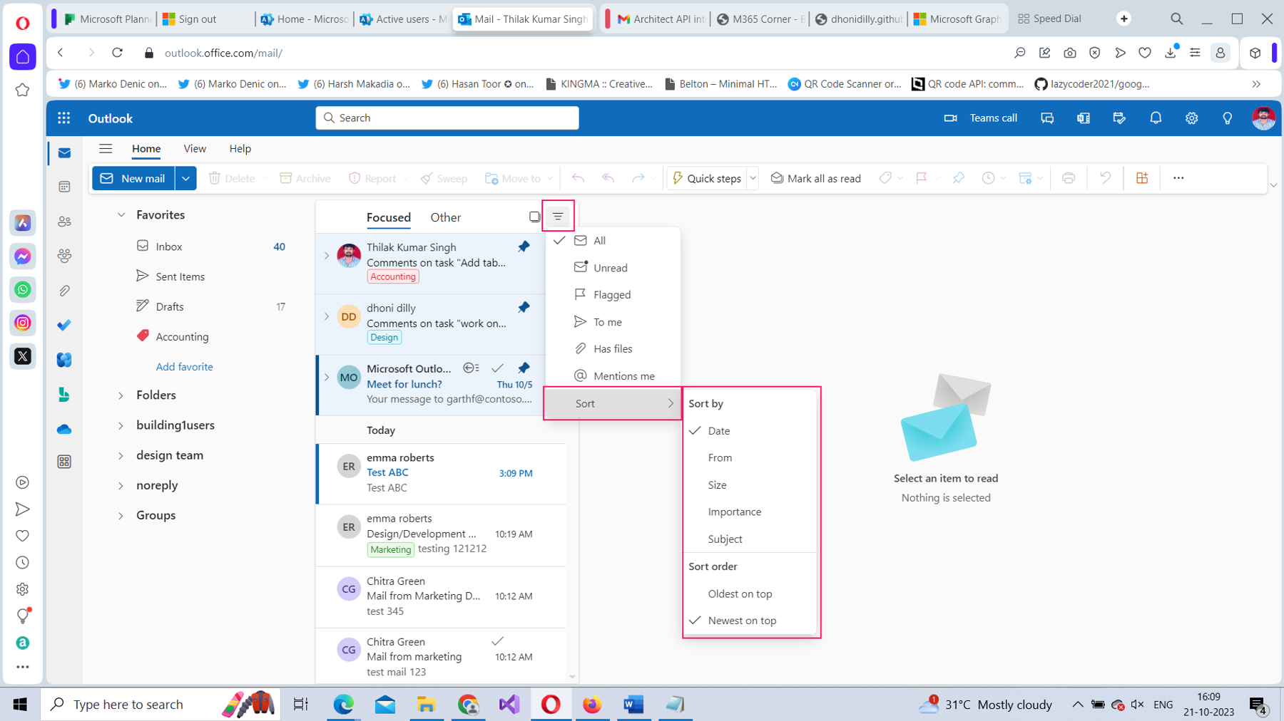 This screenshot shows how you can sort emails using the filter option in Microsoft 365 Outlook on the web.