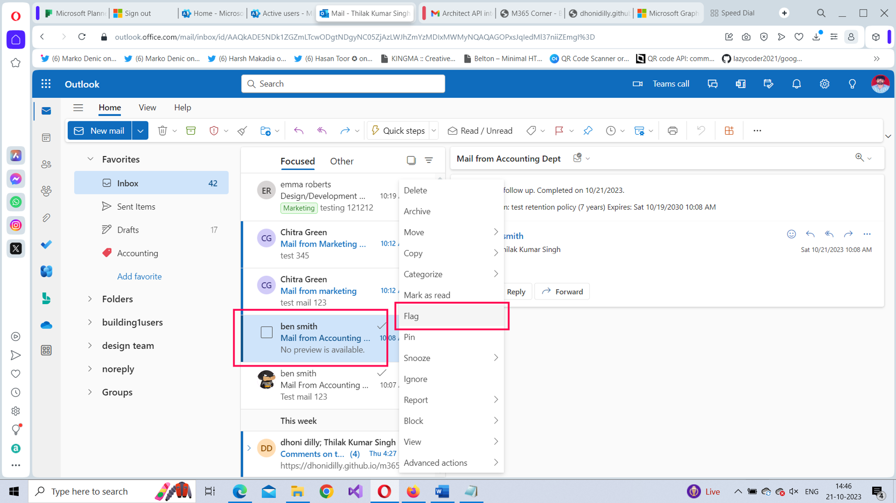 This screenshot shows how you can flag an email by right-clicking on it in Microsoft 365 outlook on the web. 