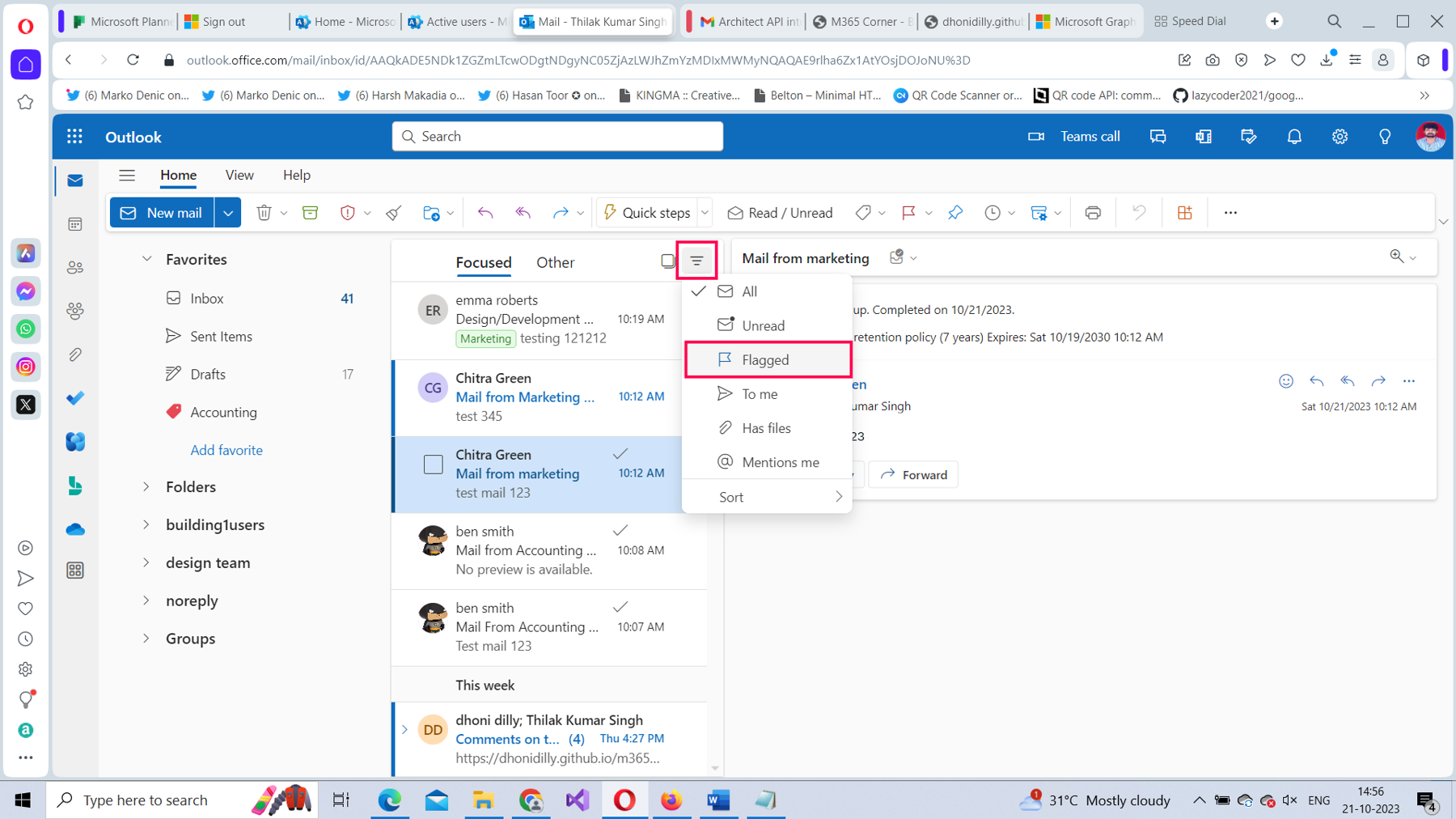 This screenshot shows how you can filter your inbox and look for only flagged mails in Microsoft 365 Outlook on the web. 